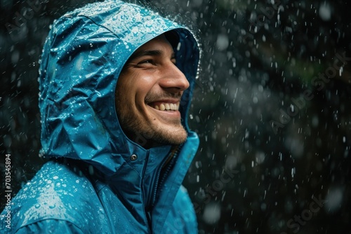Portrait of a young man enjoying the cold and rainy weather outdoors, showing a sense of adventure and happiness in the outdoors.