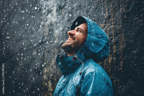 A happy man in a cloak and hood stands in the rain on a cloudy day.