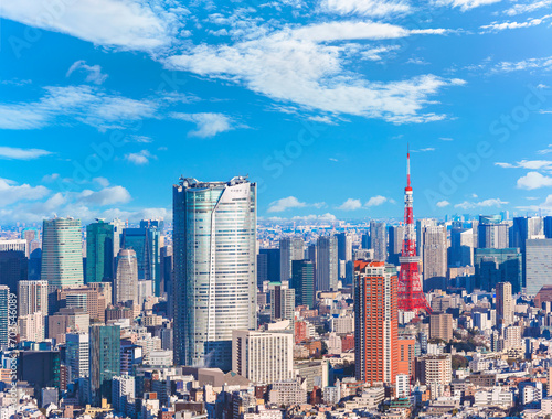 An expansive view capturing a jungle of buildings overseeing the cityscape of Roppongi and Hamamatsucho featuring the striking Roppongi Hills and Tokyo Tower, two landmarks skyscrapers of modern Japan