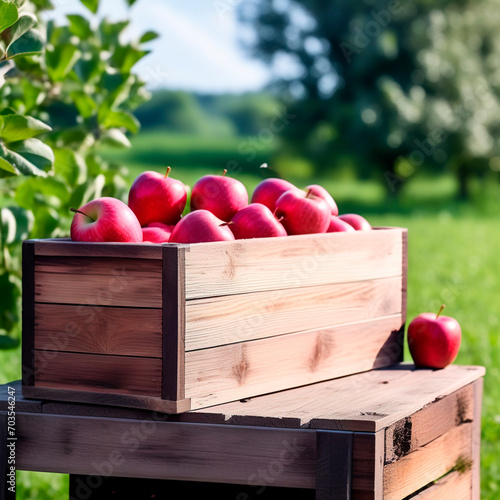 Fresh red apples in wooden box on green grass in summer garden.