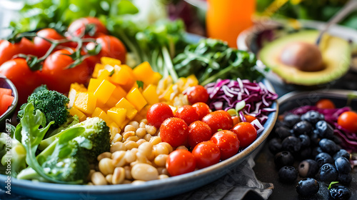 Colorful Healthy Salad Bowl with Fresh Vegetables and Fruits