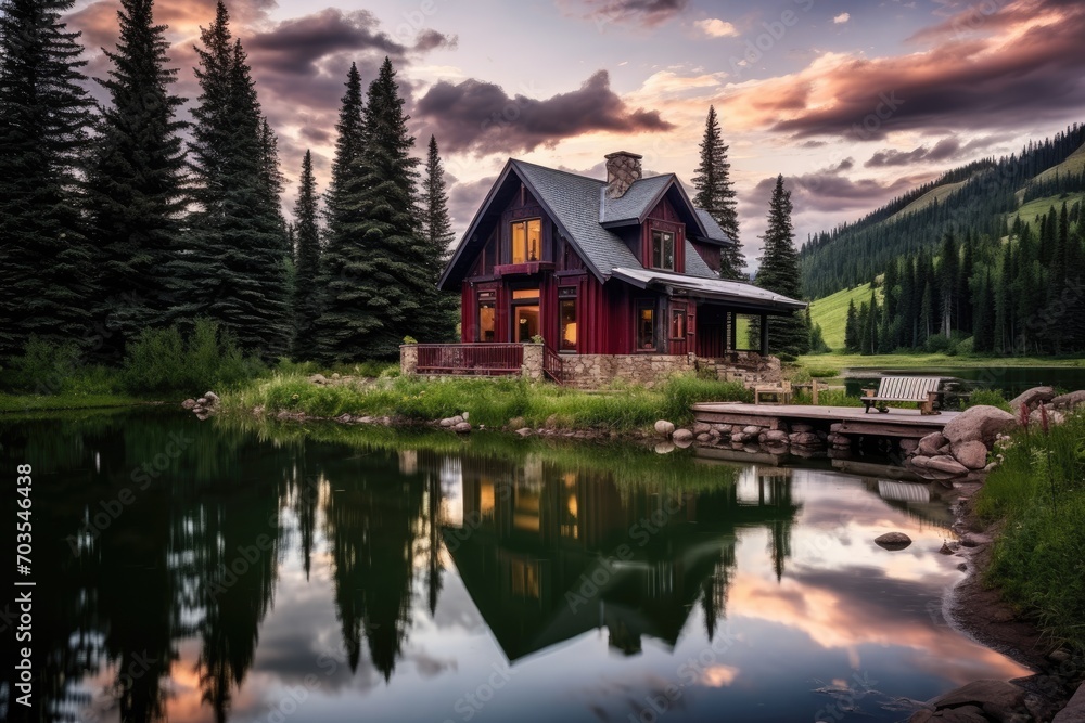 Fototapeta premium Luxury wooden house on the bank of a mountain lake, Emerald Lake in Crested Butte, Colorado, AI Generated