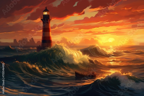 Lighthouse in the sea at sunset, 3d rendering. Computer digital drawing, Digital painting portraying a lighthouse situated in the middle of the ocean at sunset, AI Generated