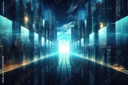 Futuristic city with neon lights. 3d rendering toned image, Digital data transfer and processing over the Internet are represented in a futuristic technology style, AI Generated