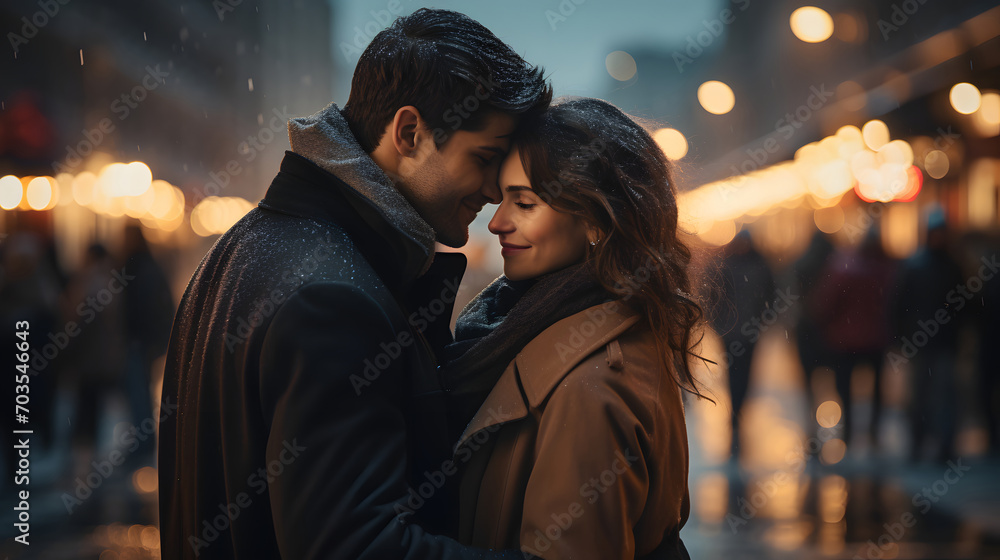 Happy Couple Enjoying a Romantic Winter Night in the City Happy Couple Enjoying a Romantic Winter Night in the City