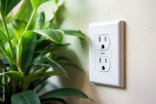 Electrical outlet on a white wall with green plant in the background, Electrical plug in outlet socket at home, AI Generated photo