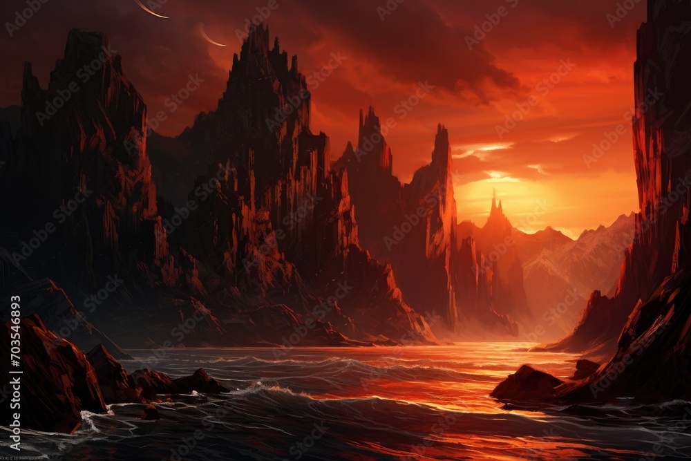 Fantasy alien planet. Mountain and sea. 3D illustration, Dramatic, rugged cliffs against an ocean sunset, AI Generated