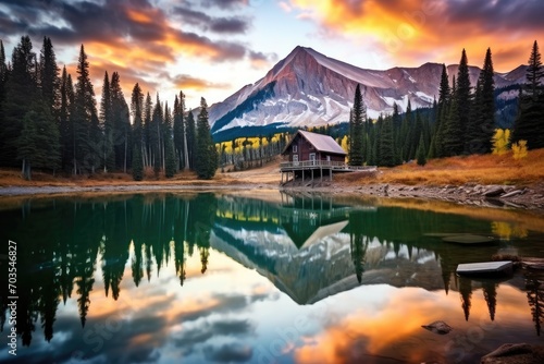 Mountain lake at sunset, Yoho National Park, Alberta, Canada, AI Generated
