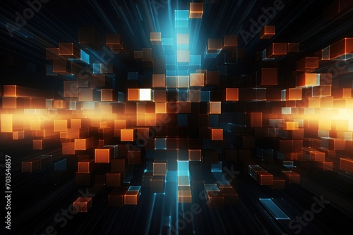 Abstract background with glowing squares, 3d render, computer generated image, Digital abstract background. Can be used for technological processes, AI Generated