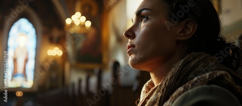 Devout Christian Woman Seeking Guidance and Solace in Church, Cinematic Camera Captures Her and Painting of Jesus photo
