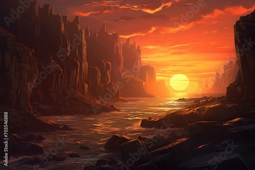 Alien Planet - 3D Rendered Computer Artwork. Rocks and sea, Dramatic, rugged cliffs against an ocean sunset, AI Generated