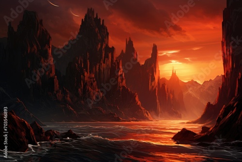 Fantasy alien planet. Mountain and sea. 3D illustration, Dramatic, rugged cliffs against an ocean sunset, AI Generated