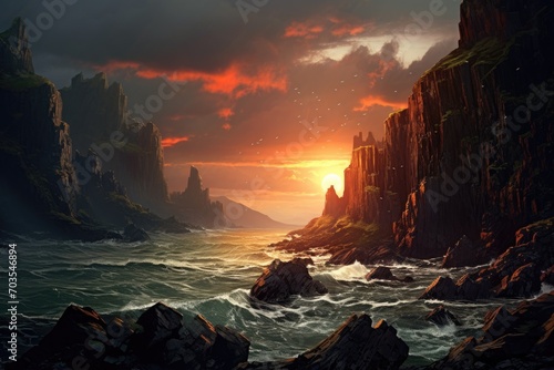 Fantasy alien planet. Mountain and lake. 3D illustration, Dramatic, rugged cliffs against an ocean sunset, AI Generated