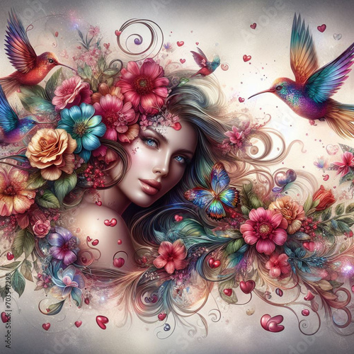 Linda mulher em arte fantasia, com flores, borboletas e beija-flores nos cabelos photo