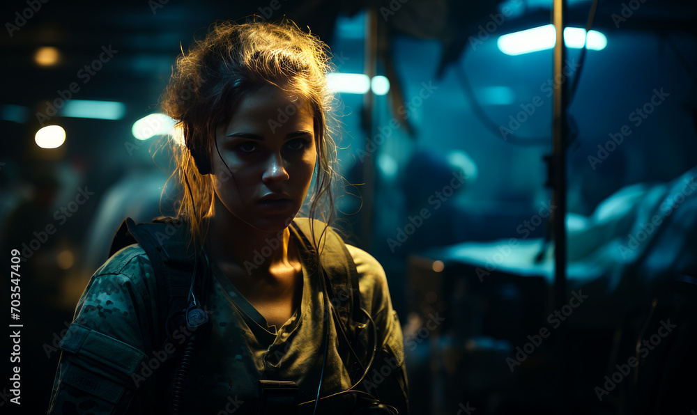 Army medics stan screenshot. A captivating portrait of a young woman, exuding an air of mystery and introspection, standing amidst dimly lit surroundings.