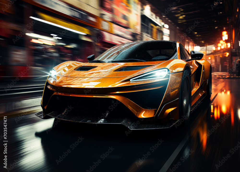 Fast car driving in a city. A striking image showcases an exhilarating orange sports car cutting through the bustling city streets.