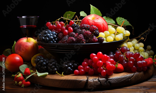 An old wooden plate with fruits. A vibrant array of succulent fruits adorn a beautifully weathered wooden table  exuding natural freshness and wholesome vitality.