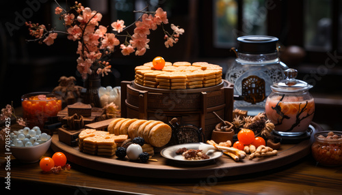 Chinese sweets. Indulge in a mesmerizing sight as you feast your eyes on a tantalizing cake adorned with a profusion of vibrant and enticing toppings.