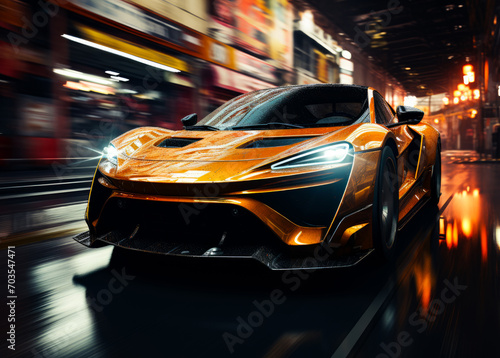 Fast car driving in a city. A striking image showcases an exhilarating orange sports car cutting through the bustling city streets. © Vadim