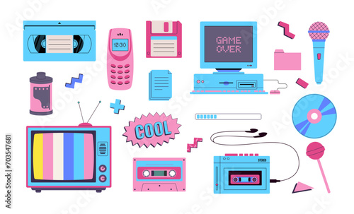 Set of 90s, y2k retro devices vector illustration. Vintage audio player, cassette, old pc, floppy disk, mobile telephone, microphone, tv, candy icons. Nostalgia for 1990s.
