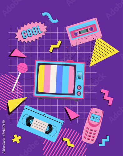 TV aesthetic 90s poster. Retro style television and vintage cassette, phone background. Vector illustration