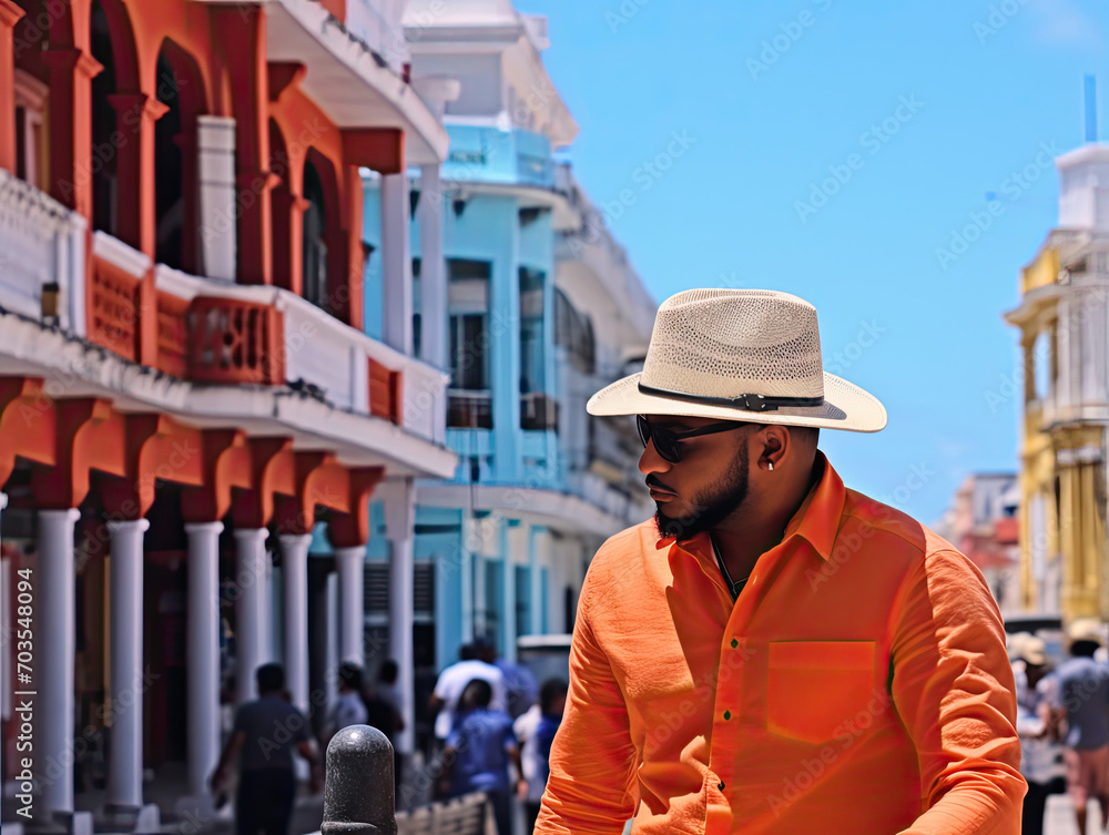 latin america man wearing colorful shirt walking in the sunny city in cuba