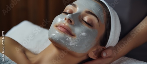 Woman receiving close-up skincare treatment at spa salon with peeling mask.