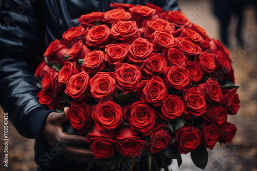 Fototapeta Naklejka Na Ścianę i Meble -  large bouquet of red roses in the hands of a man