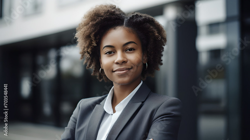 portrait of confident young business woman in a suit with a professional smile standing outdoors