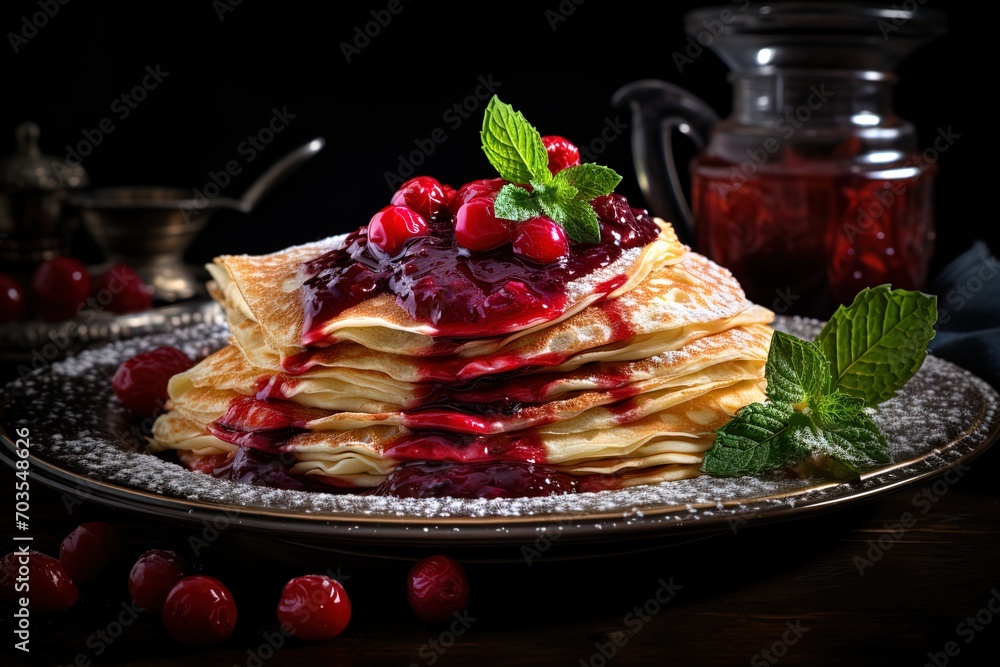closeup of homemade crepes with cherry jam and berries closeup of homemade crepes with cherry jam and berries