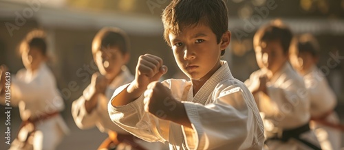 Karate stance by accomplished diverse youth. photo