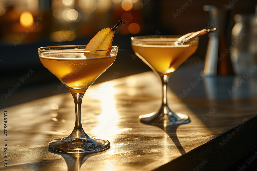 Two Cocktails with a thin slice of Pear. Generative AI Two Cocktails with a thin slice of Pear. Generative AI