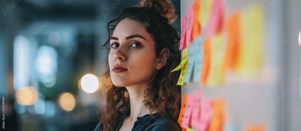 Fototapeta premium Agile project management in the office, young businesswoman planning product development with sticky stickers on the board.