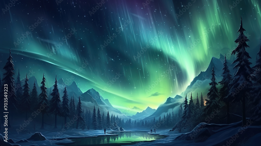 Fantasy landscape with aurora borealis in the night sky illustration - obrazy, fototapety, plakaty 