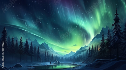 Fantasy landscape with aurora borealis in the night sky illustration