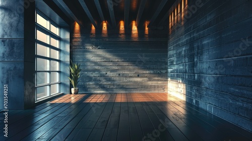 Empty room with wooden floor and large windows