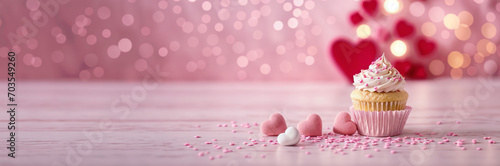 Cute cupcake with sprinkles and hearts on table, on pastel pink panoramic background, lights bokeh. Banner, header for valentine's day, mother's day, women's day, bakery, confectionery. Generative AI