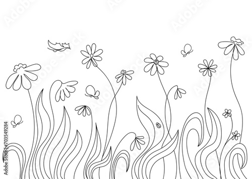 Abstract meadow of wild flowers and butterflyes doodle art. Botanical sketch. Creative vector illustration in minimalist style.