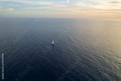 Aerial view of sailboat on Atlantic ocean
