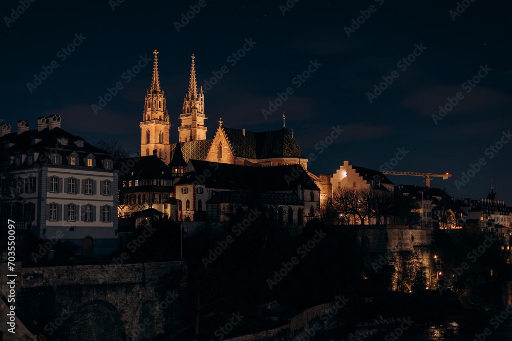 Gothic cathedral in the evening, old historic cathedral glows at night