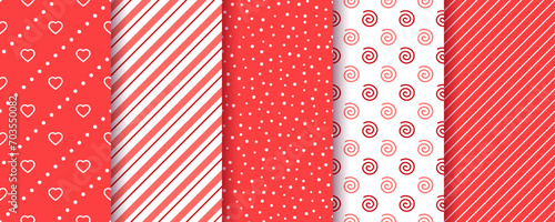 Valentine's day seamless pattern. Red backgrounds. Love textures with heart, dots, stripes and spirals. Cute romantic prints. Set retro wrapping papers. Holiday romance backdrops. Vector illustration