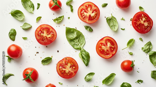 fresh tomatoes with basil leaves on white background