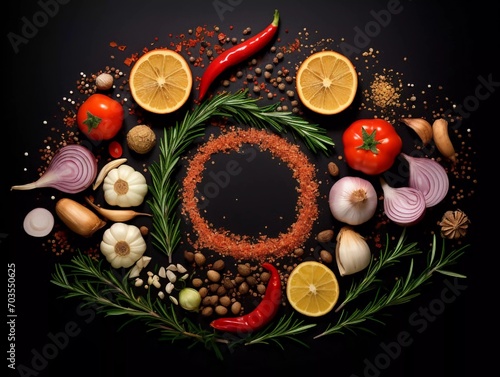 Nutrition background Onion rings, pepper, rosemary and garlic, AI generator