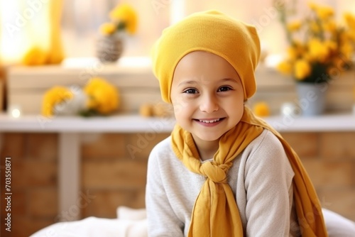 Cute little baby in yellow hat and scarf on blurred background, closeup