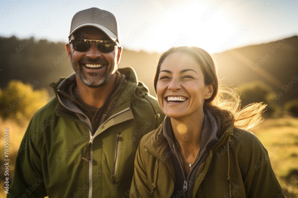 Portrait of happy couple looking at camera on a hike in the countryside Portrait of happy couple looking at camera on a hike in the countryside