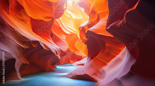 beautiful landscape view of artistic lower Antelope Canyon Arizona with golden sunlight created with Generative AI Technology