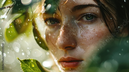 woman's face framed by misty morning dew in a garden, nature background generative ai