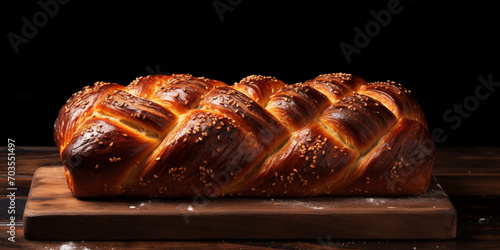 milkbread isolated on black background and wooden board photo