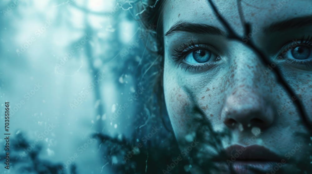 woman's face in a mystical foggy forest, ethereal background generative ai