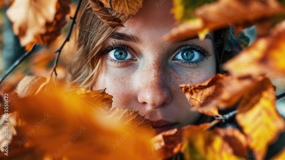 woman's face peeking through vibrant autumn leaves, forest background generative ai woman's face peeking through vibrant autumn leaves, forest background generative ai
